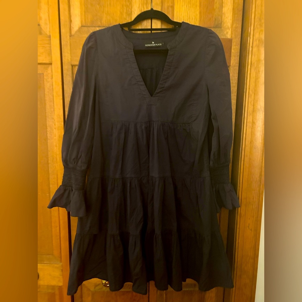 Promander Place (Tuckernuck) Women’s Sz L Tiered Navy Cotton Poplin Kenzo Dress